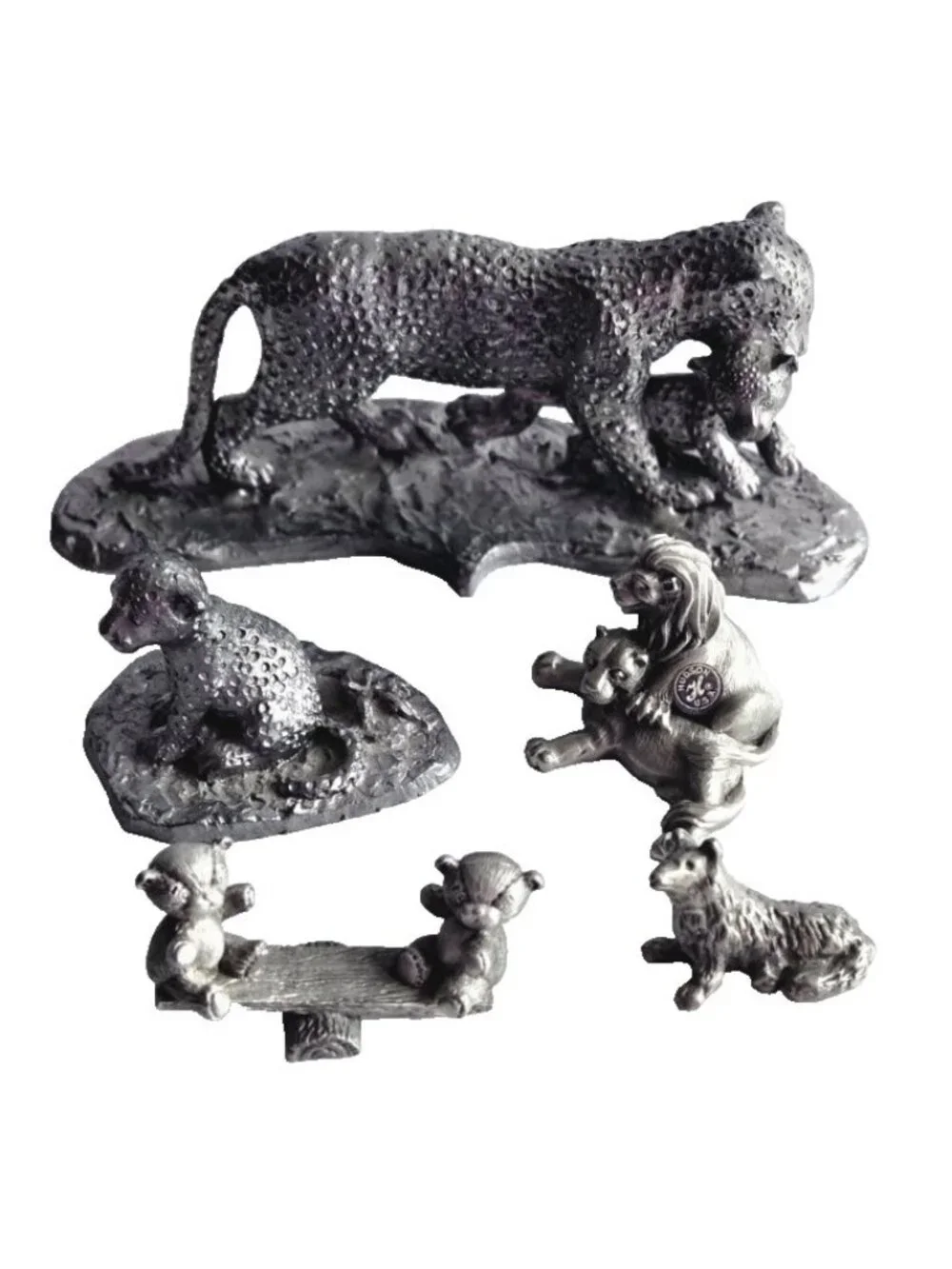 Lot of 5 Mini Pewter Animal Figurines Lion Lioness Monkey Wolf Cheetah Cub